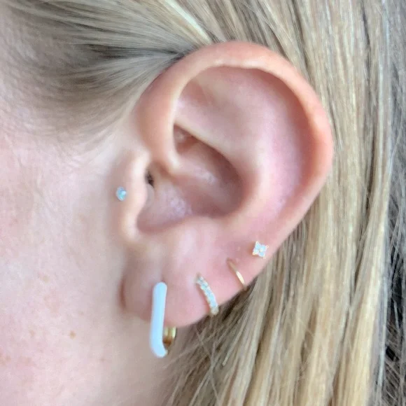 white and gold oval hoops enamel petite dainty hoop earrings - Picture 9 of 9